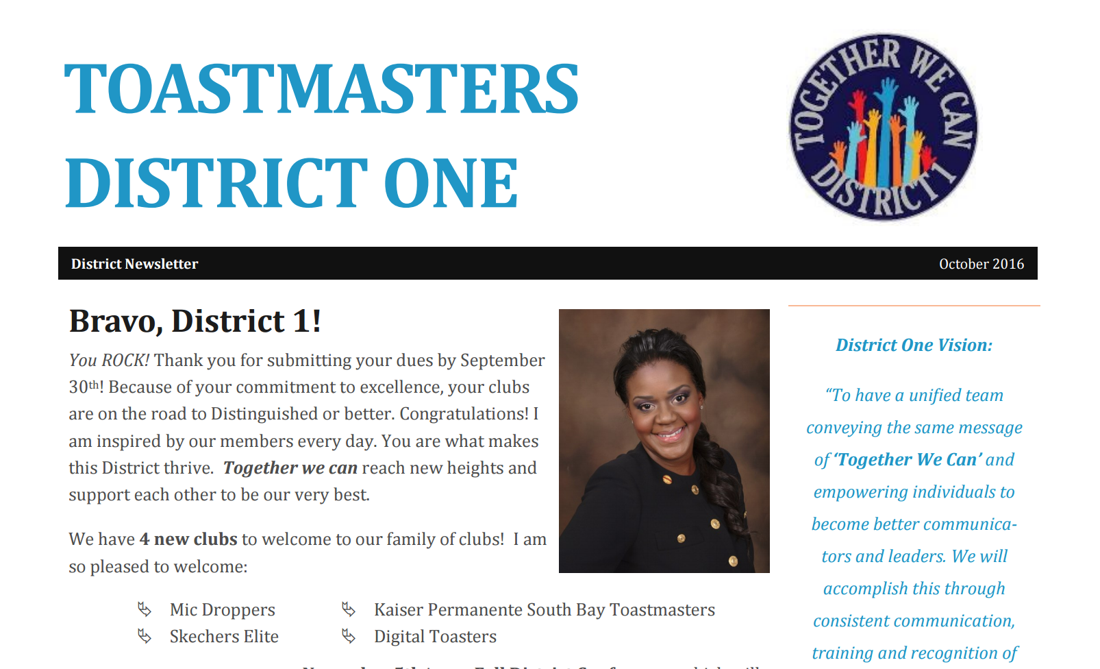 Toastmaster Newsletter Example District One Newsletter ~ October 2016 – District One